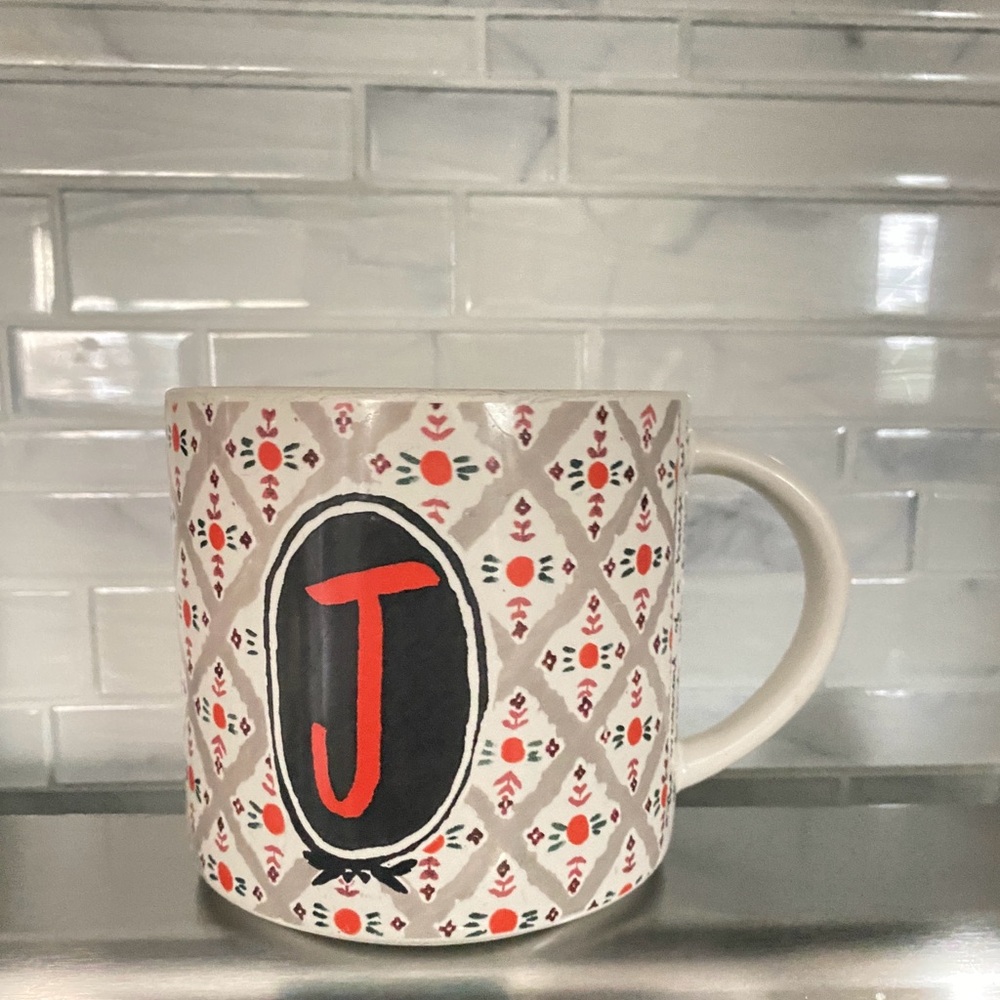 Anthropologie. Initial ceramic coffee mug. Letter J. Emerson quote.